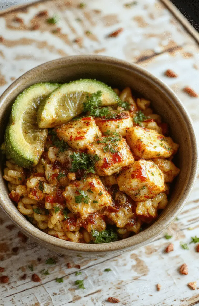 A vibrant bowl filled with tender grilled chicken pieces atop al dente orzo pasta, colorful cherry tomatoes, fresh basil leaves, and a drizzle of olive oil, styled simply on a rustic wooden surface with soft natural daylight highlighting the textures and fresh ingredients.