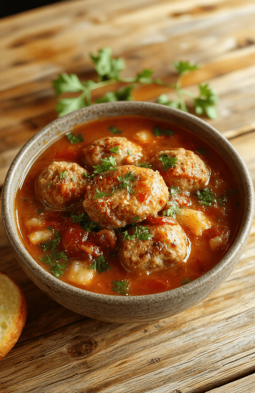 A rustic bowl of Italian meatball soup filled with tender meatballs, vibrant tomatoes, fresh herbs, and grated cheese on a wooden table, steam rising, appetizing and inviting.