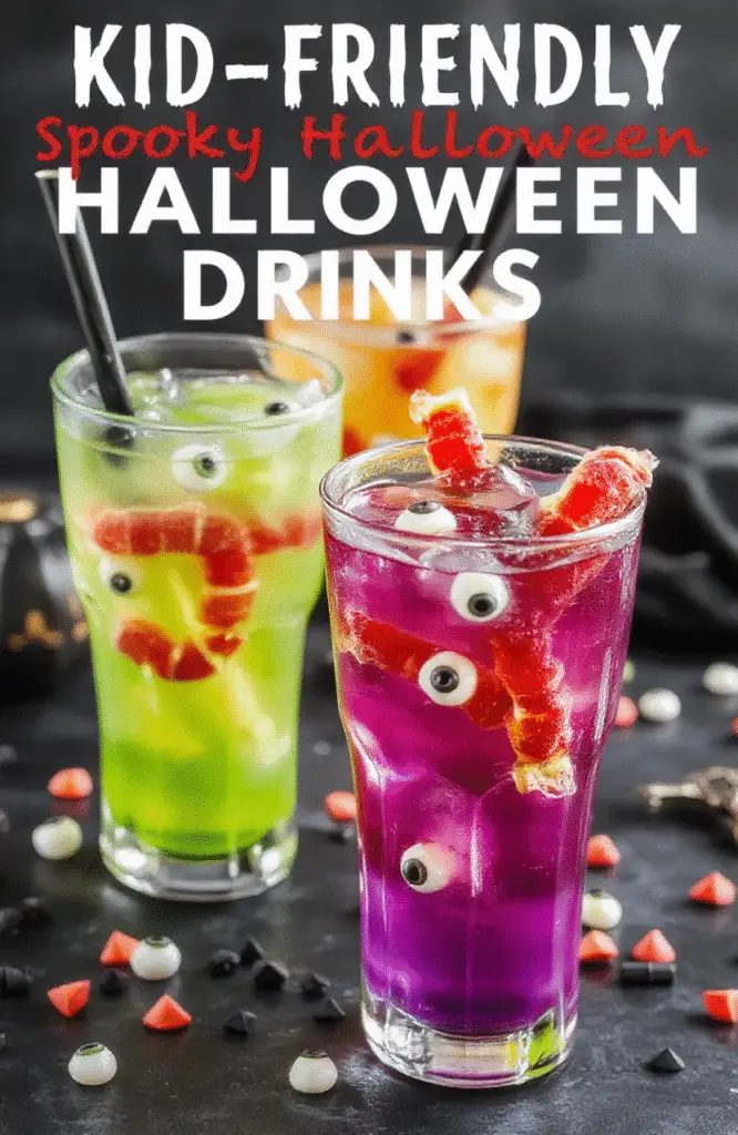 A vibrant Halloween-themed beverage setup featuring colorful spooky drinks in clear glasses adorned with fun Halloween decorations, floating gummy worms, and swirling neon colors. The drinks are garnished with spooky edible eyes and orange and purple straws, set on a dark table with a background of carved pumpkins and flickering candles, highlighting the playful and festive mood.