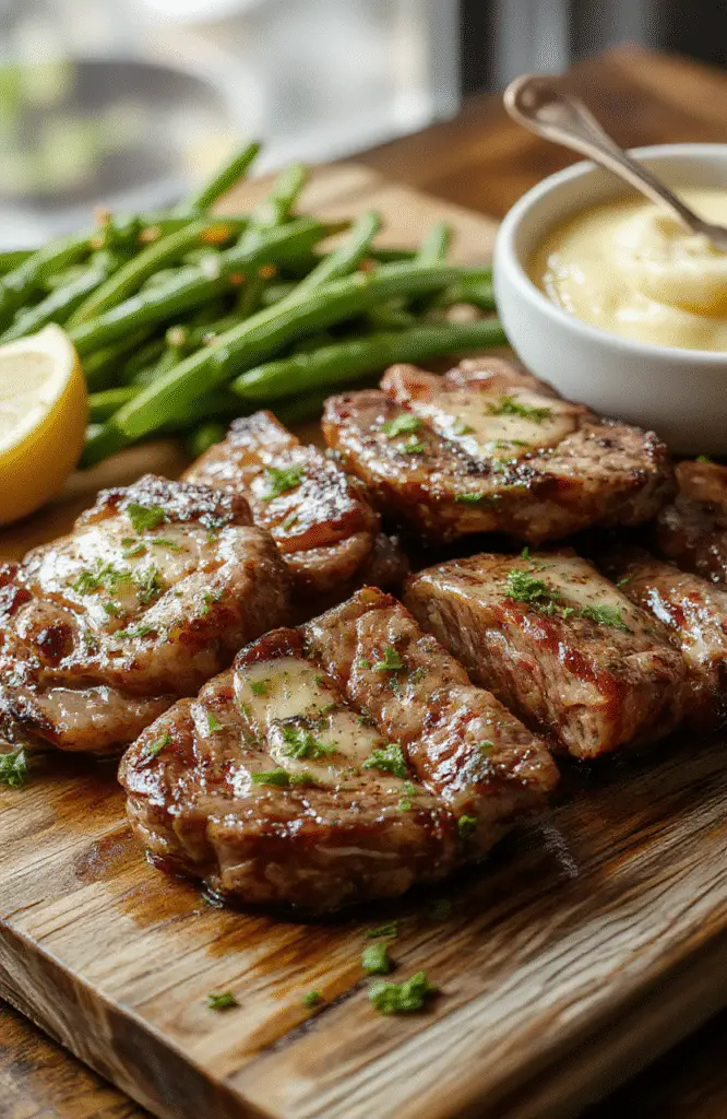 A close-up of juicy steak bites coated in golden garlic butter sauce, garnished with fresh herbs, arranged on a rustic wooden platter, with a drizzle of sauce highlighting their tender texture and vibrant color.