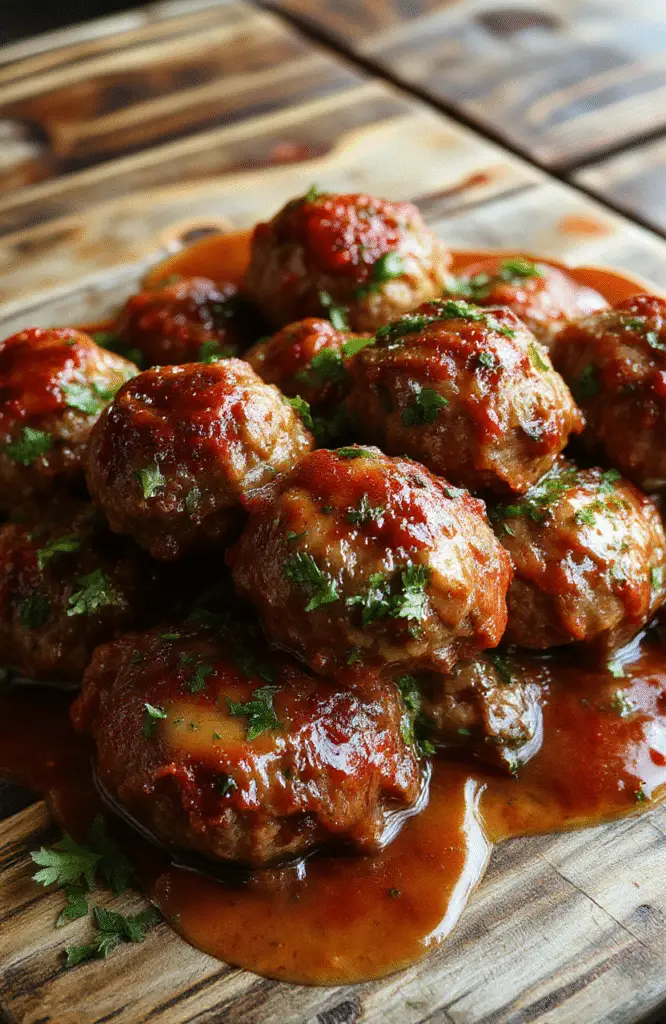 Close-up of golden-brown Italian meatballs arranged on a white plate with rich marinara sauce drizzled over, topped with fresh herbs, styled on a rustic wooden table with a soft focus background.