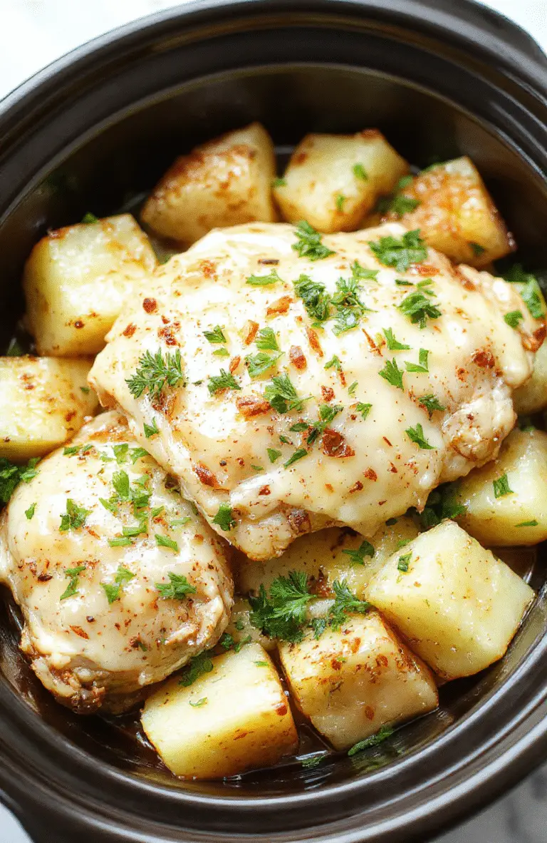 A rustic white plate featuring tender shredded garlic parmesan chicken and roasted potatoes topped with fresh parsley, served alongside a small bowl of creamy sauce, beautifully styled with a sprinkle of grated cheese and chopped herbs, with a soft-focus background of a cozy kitchen table and warm ambient lighting.