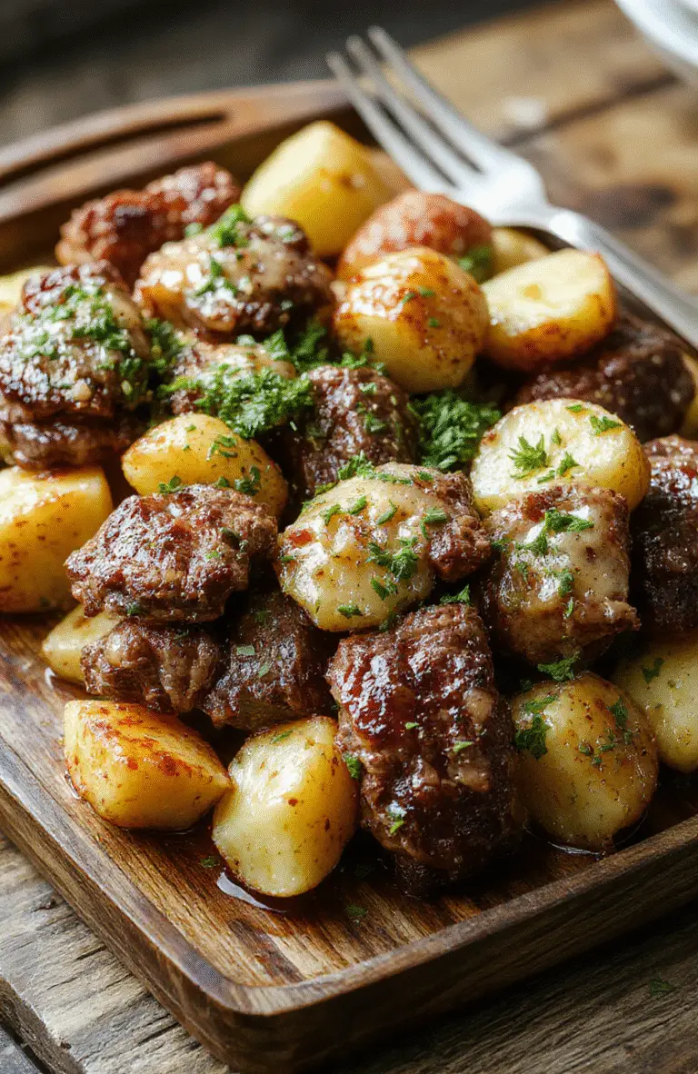 A close-up shot of golden-brown beef bites and crispy potatoes arranged on a rustic wooden tray, garnished with fresh herbs, with a rich garlic butter glaze glistening and the warm tones of the dish contrasted against a neutral background.