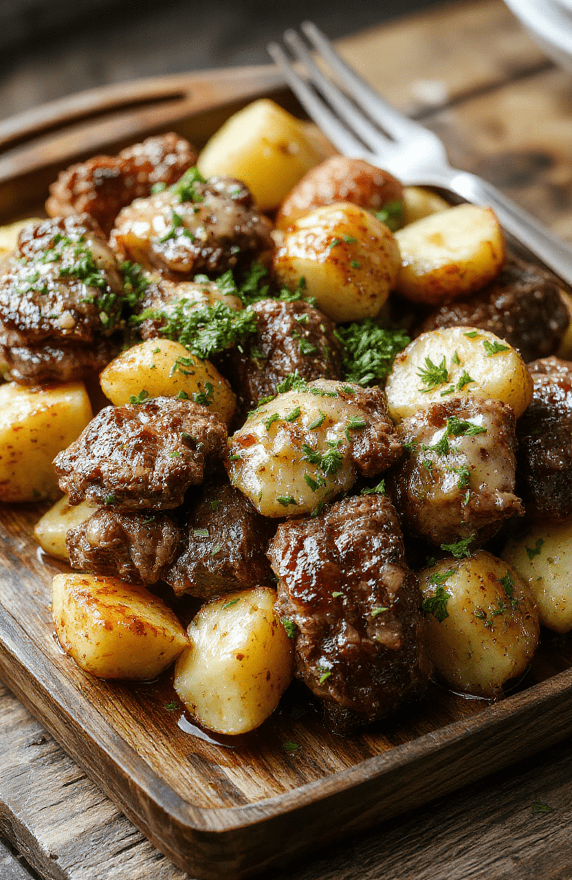 A close-up shot of golden-brown beef bites and crispy potatoes arranged on a rustic wooden tray, garnished with fresh herbs, with a rich garlic butter glaze glistening and the warm tones of the dish contrasted against a neutral background.