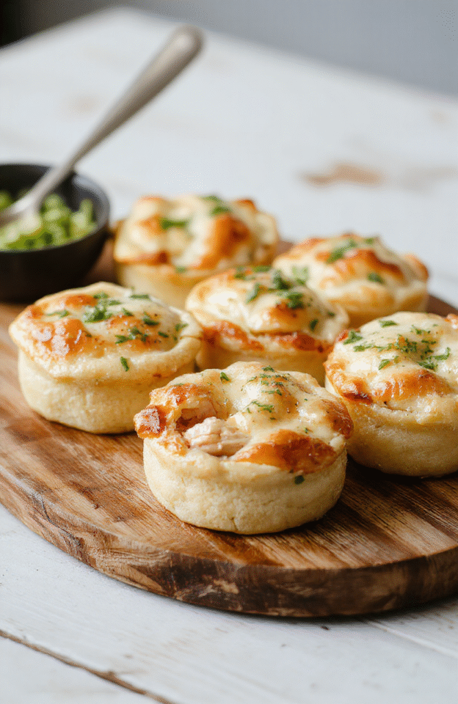 A close-up of bite-sized chicken pot pies arranged on a rustic wooden platter, showcasing golden flaky crusts and hearty filling with visible chunks of chicken, peas, and carrots, styled with fresh herbs on a neutral background.