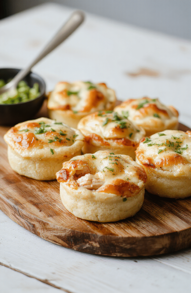 A close-up of bite-sized chicken pot pies arranged on a rustic wooden platter, showcasing golden flaky crusts and hearty filling with visible chunks of chicken, peas, and carrots, styled with fresh herbs on a neutral background.