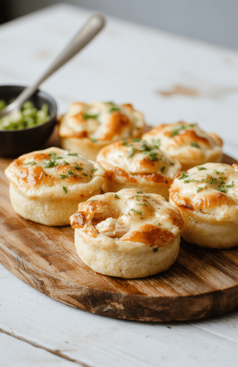 A close-up of bite-sized chicken pot pies arranged on a rustic wooden platter, showcasing golden flaky crusts and hearty filling with visible chunks of chicken, peas, and carrots, styled with fresh herbs on a neutral background.