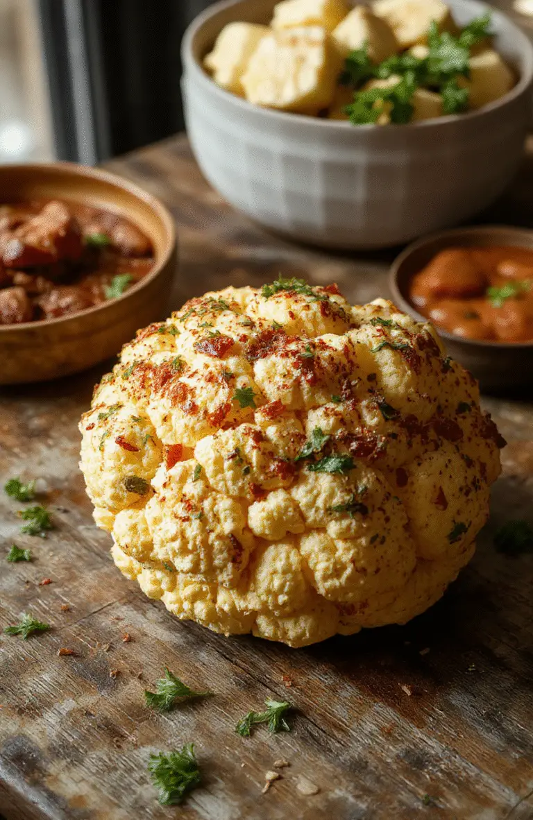 Colorful roasted cauliflower florets topped with creamy tahini and drizzled with golden honey, arranged on a rustic white plate with a sprinkle of chopped herbs, styled with rustic wooden background, natural daylight highlighting textures and vibrant hues.