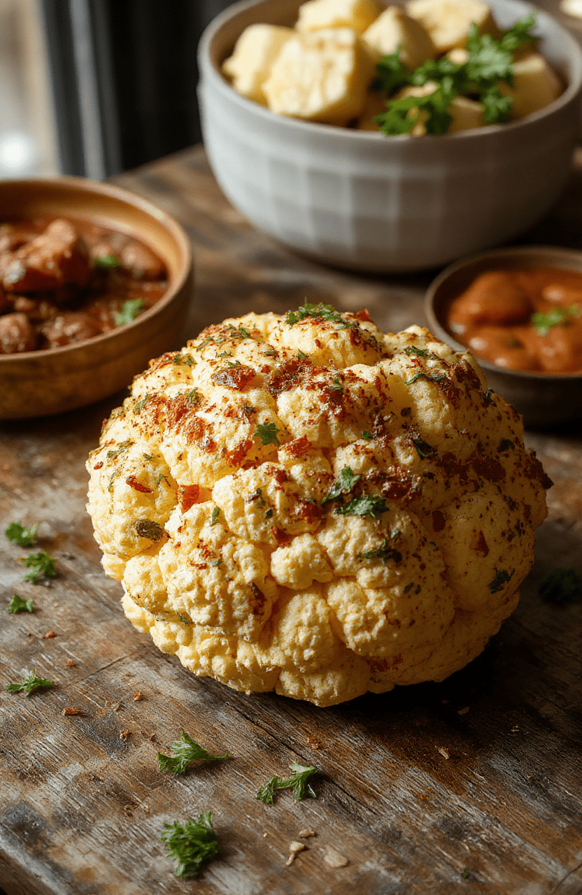 Colorful roasted cauliflower florets topped with creamy tahini and drizzled with golden honey, arranged on a rustic white plate with a sprinkle of chopped herbs, styled with rustic wooden background, natural daylight highlighting textures and vibrant hues.