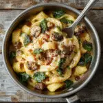 Colorful creamy parmesan spinach mushroom pasta served in a rustic white bowl with fresh spinach, sliced mushrooms, and grated parmesan, styled on a wooden table with natural light highlighting the textures and vibrant greens.