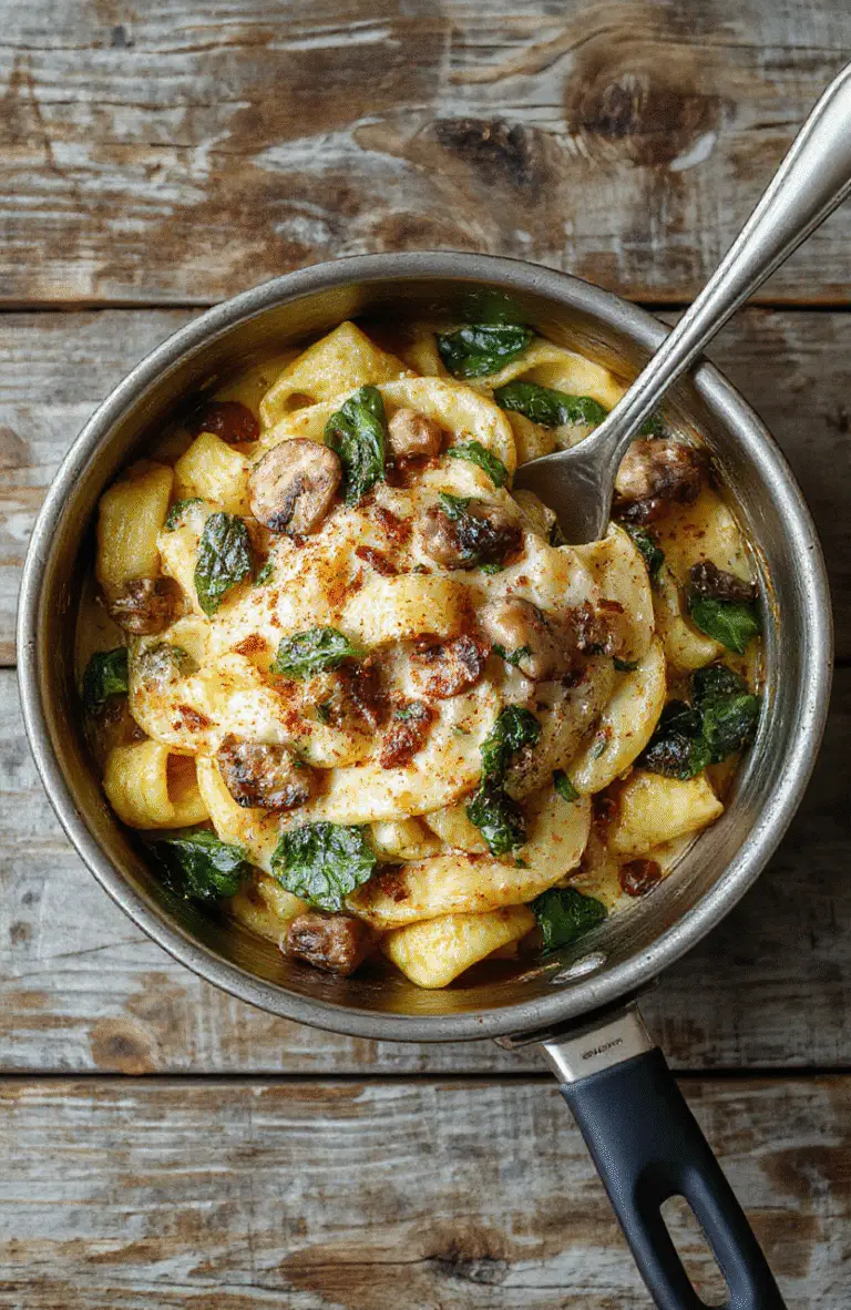 Colorful creamy parmesan spinach mushroom pasta served in a rustic white bowl with fresh spinach, sliced mushrooms, and grated parmesan, styled on a wooden table with natural light highlighting the textures and vibrant greens.