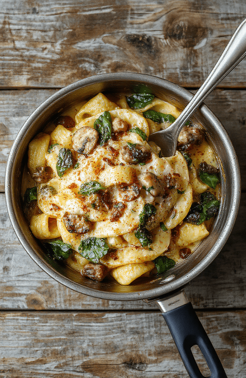Colorful creamy parmesan spinach mushroom pasta served in a rustic white bowl with fresh spinach, sliced mushrooms, and grated parmesan, styled on a wooden table with natural light highlighting the textures and vibrant greens.