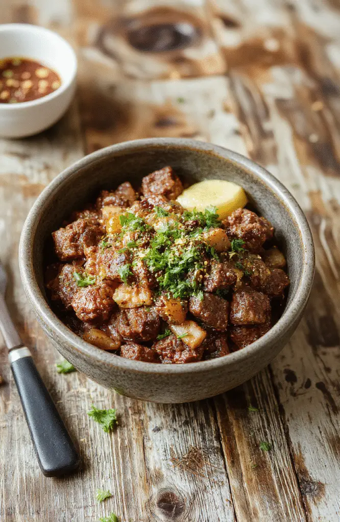 A vibrant Korean ground beef bowl on a white ceramic plate, topped with chopped green onions, sesame seeds, and a drizzle of sauce. The beef is browned and crumbly, accompanied by steamed rice, colorful vegetables, and a sprinkle of cilantro. The background features a rustic wooden table with chopsticks and a small bowl of sauce, styled casually with natural lighting.