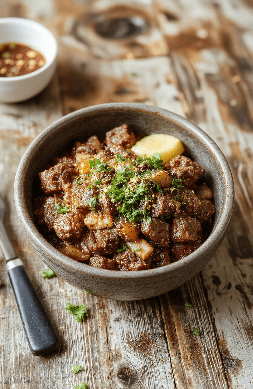 A vibrant Korean ground beef bowl on a white ceramic plate, topped with chopped green onions, sesame seeds, and a drizzle of sauce. The beef is browned and crumbly, accompanied by steamed rice, colorful vegetables, and a sprinkle of cilantro. The background features a rustic wooden table with chopsticks and a small bowl of sauce, styled casually with natural lighting.