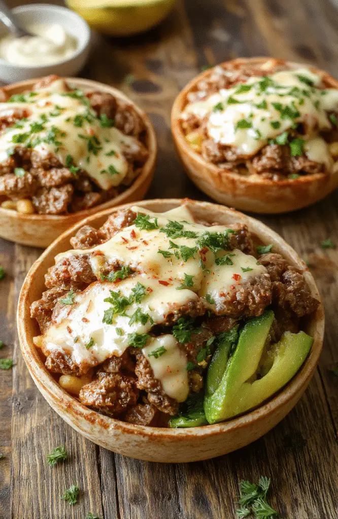 A vibrant bowl filled with sautéed sliced beef, melted cheese, colorful bell peppers, and red onions, garnished with fresh herbs, presented on a rustic wooden table with a clean, minimal background, emphasizing the textures and rich colors of the ingredients.