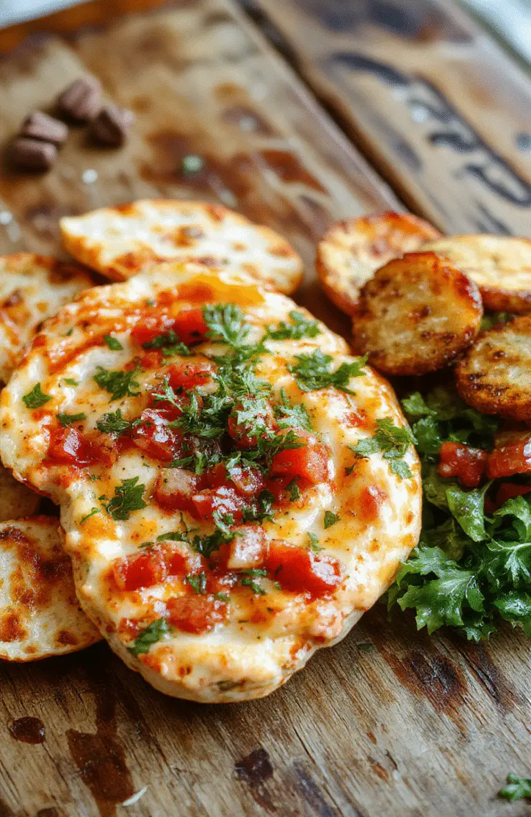 A vibrant and colorful bruschetta dip served in a rustic bowl, topped with fresh chopped tomatoes, basil, and drizzled with olive oil. The dip is surrounded by slices of crusty bread and garnished with extra herbs, on a wooden table with natural sunlight, showcasing its fresh and enticing textures.