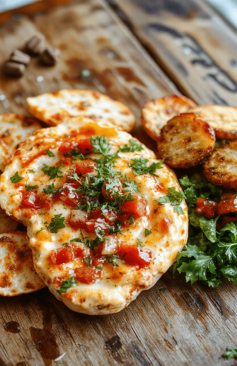 A vibrant and colorful bruschetta dip served in a rustic bowl, topped with fresh chopped tomatoes, basil, and drizzled with olive oil. The dip is surrounded by slices of crusty bread and garnished with extra herbs, on a wooden table with natural sunlight, showcasing its fresh and enticing textures.