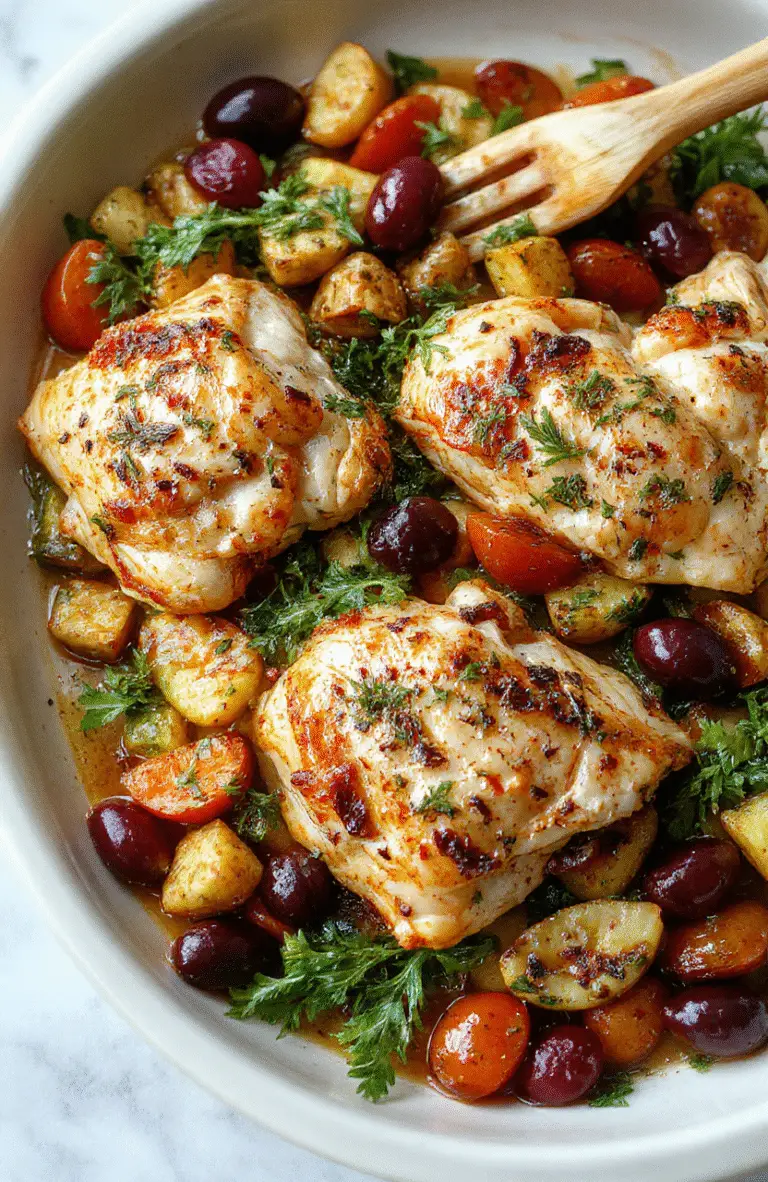 A colorful sheet pan filled with roasted Greek-style chicken pieces, cherry tomatoes, bell peppers, red onions, and kalamata olives, all beautifully arranged with a sprinkle of fresh herbs, showcasing vibrant reds, greens, and golden roasted textures on a rustic white plate.