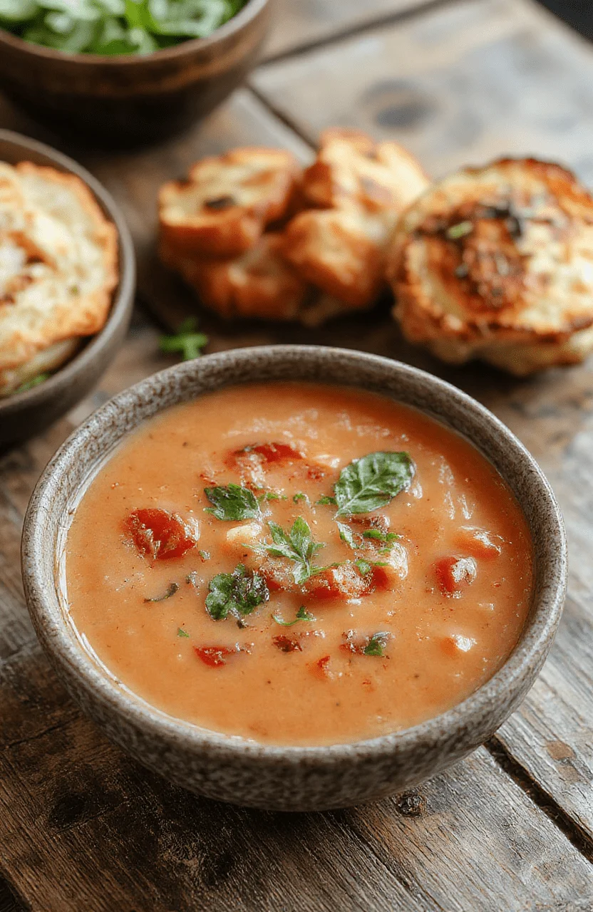 A vibrant bowl of roasted tomato basil soup garnished with fresh basil leaves, served with a drizzle of olive oil on top, with a rustic wooden table and a slice of toasted bread beside it, light and bright natural lighting highlighting the rich red-orange color and fresh herbs.