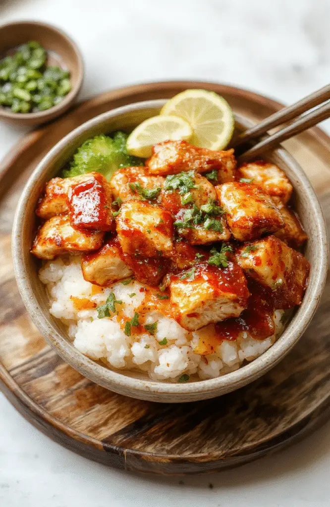 A vibrant chicken rice bowl featuring tender glazed chicken atop fluffy white rice, garnished with green onions and sesame seeds, served on a rustic wooden plate with colorful vegetables around.