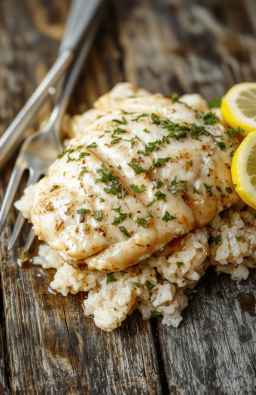 A hearty portion of slow cooker lemon herb chicken and rice on a rustic white plate. The chicken is golden with fresh herbs and lemon slices, served alongside fluffy rice with herbs and vegetables. The dish looks juicy and flavorful, garnished with chopped parsley and lemon zest, styled on a wooden surface with natural lighting highlighting vibrant colors and textures.