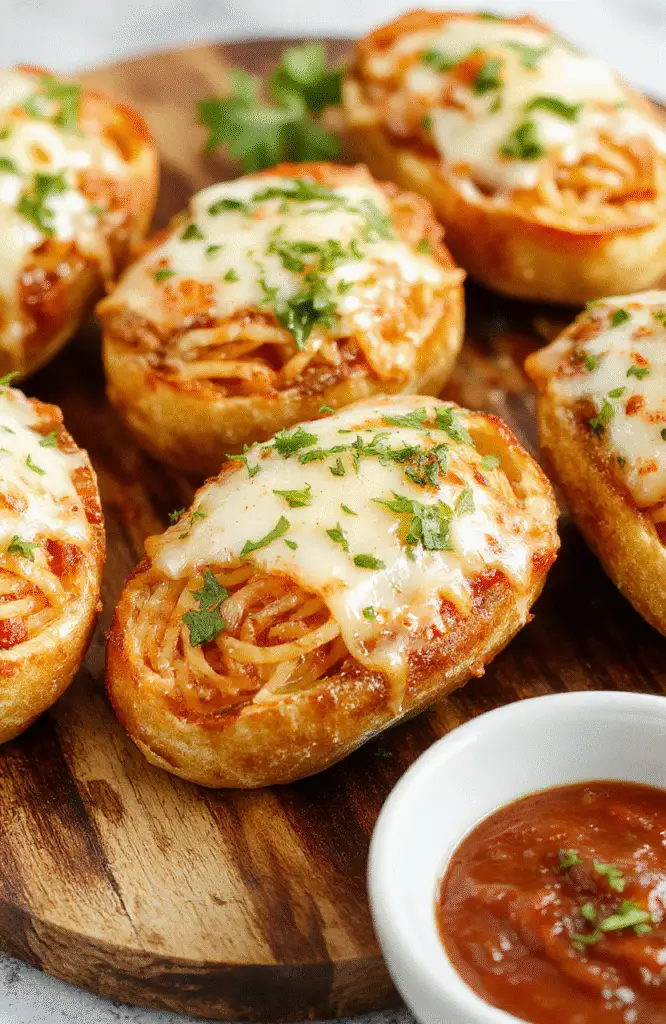 Colorful spaghetti stuffed in golden toasted garlic bread bowls, topped with melted cheese and fresh herbs, arranged on a rustic wooden board with a side of marinara sauce.