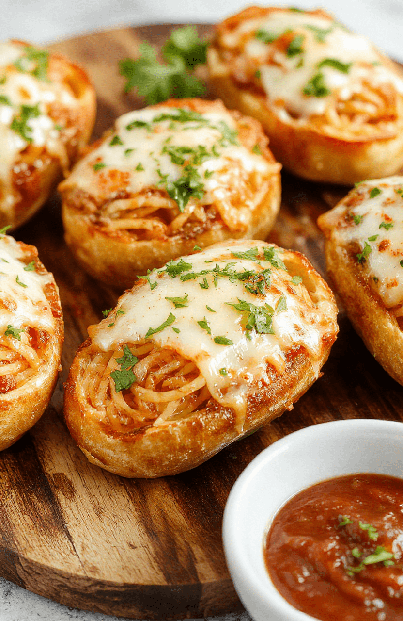Colorful spaghetti stuffed in golden toasted garlic bread bowls, topped with melted cheese and fresh herbs, arranged on a rustic wooden board with a side of marinara sauce.