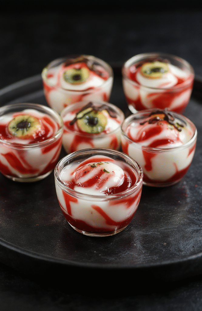 A close-up of spooky eyeball gelatin shots in small clear cups, vividly colored with red and white swirls resembling eyeballs, decorated with googly eyes on top, arranged on a black platter with a eerie dark background, illuminated by soft lighting highlighting the gelatin's glossy texture and spooky details.