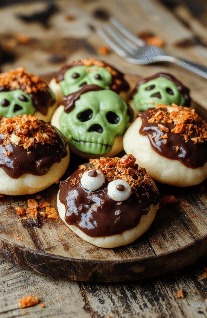 Colorful Halloween-themed treats arranged on a spooky platter with orange, black, and purple decorations, featuring decorated cookies, candies, and fun edible toppings with a playful, festive atmosphere.