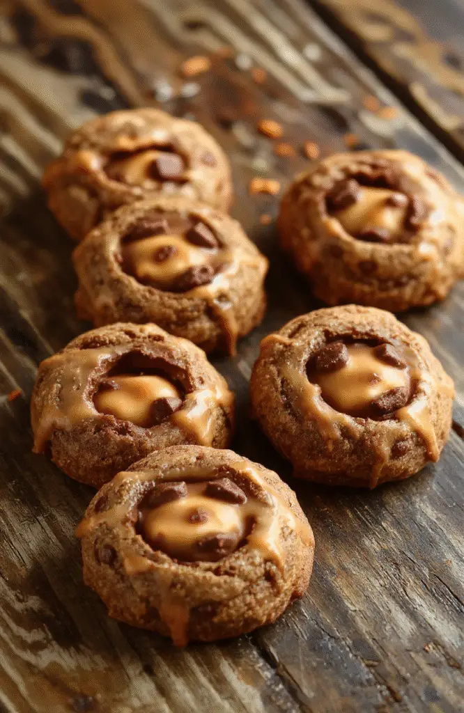 Colorful jack-o'-lantern shaped cookies with a glossy milk chocolate filling, decorated with vibrant orange and green icing to resemble pumpkins, arranged on a rustic wooden platter with scattered fall leaves.