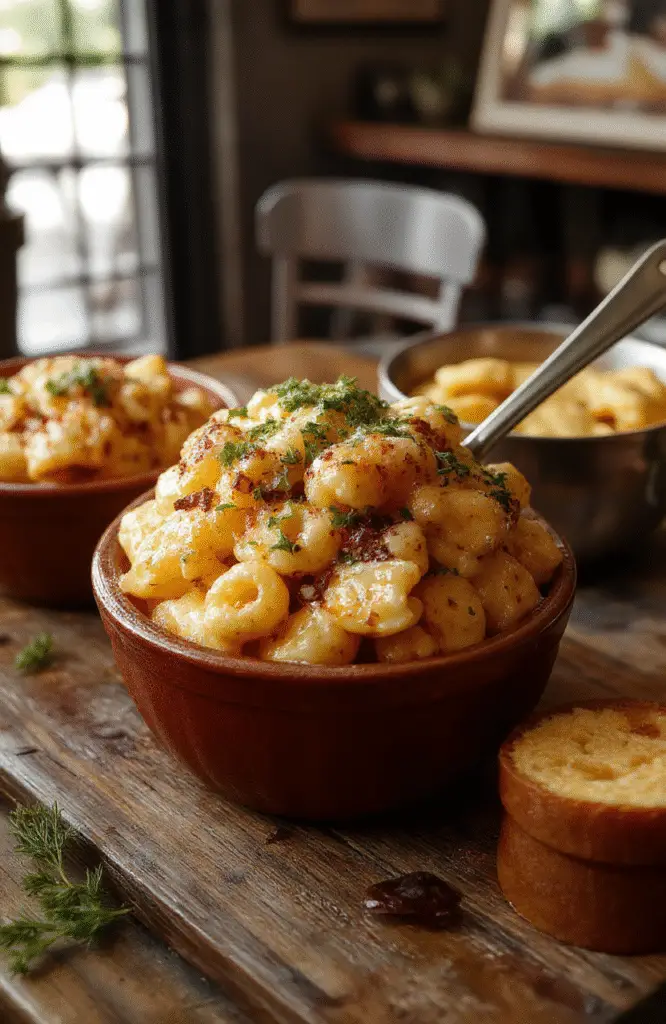 A vibrant plate of Monster Mac and Cheese featuring swirling orange and green cheese toppings, shaped to resemble a spooky monster face with googly eyes, served on a rustic wooden table with a hint of pumpkin and cobweb decorations, textures of creamy cheese sauce, crispy baked edges, and colorful pasta noodles.
