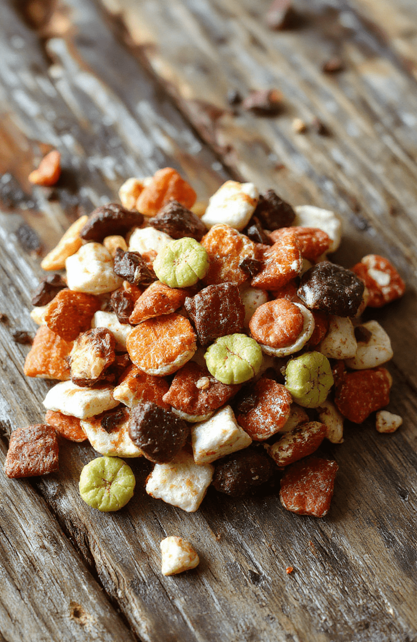 A colorful Halloween-inspired trail mix featuring red, black, and orange candies, nuts, and dried fruits arranged in a spooky themed bowl with Halloween decorations in the background.
