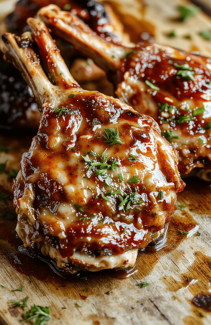 Colorful image of golden-brown boneless pork chops glazed with sticky honey garlic sauce, served on a white plate with fresh garnish, rustic wooden background.