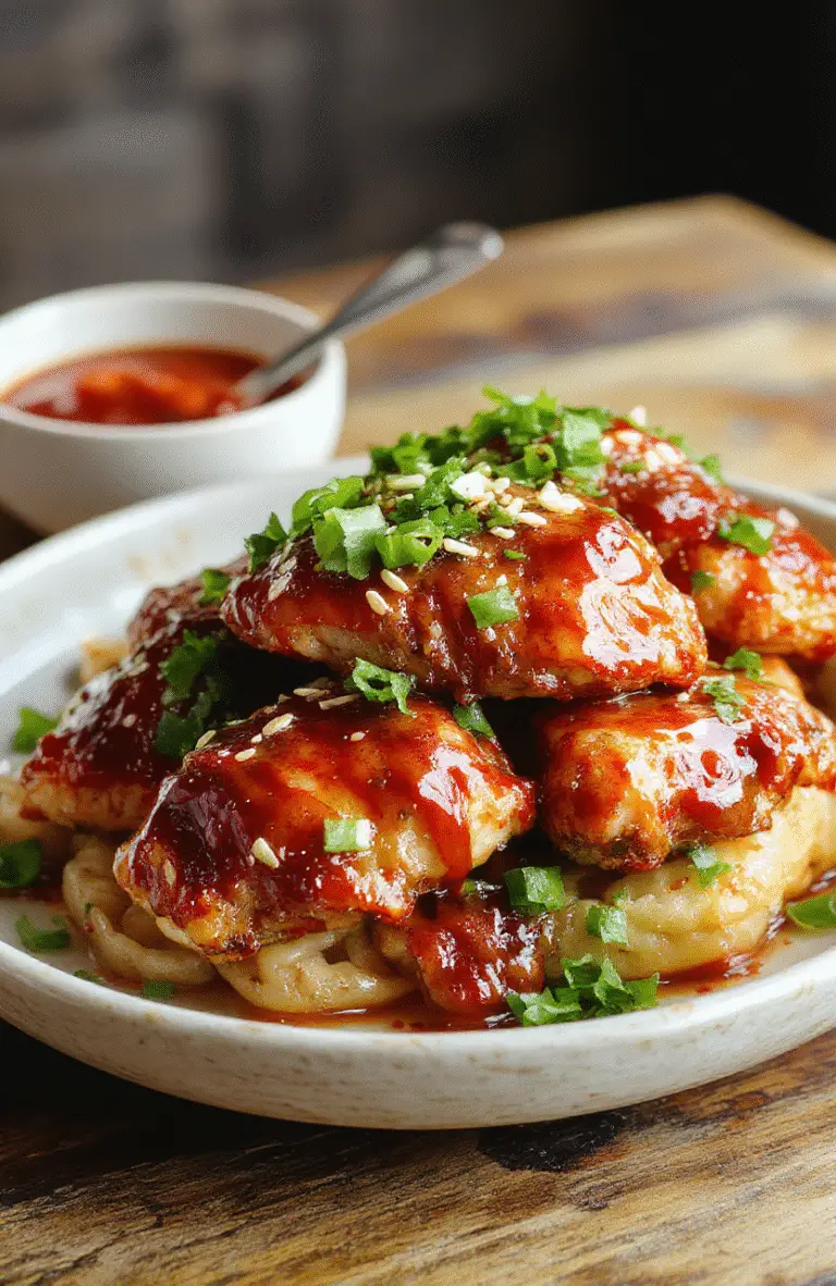 Colorful plate featuring crispy golden-brown chicken pieces glazed with glossy sweet chili sauce, garnished with fresh chopped green onions and sesame seeds, arranged on a rustic white ceramic plate with a vibrant background.