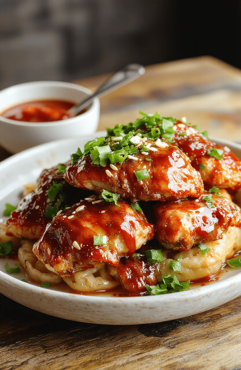 Colorful plate featuring crispy golden-brown chicken pieces glazed with glossy sweet chili sauce, garnished with fresh chopped green onions and sesame seeds, arranged on a rustic white ceramic plate with a vibrant background.