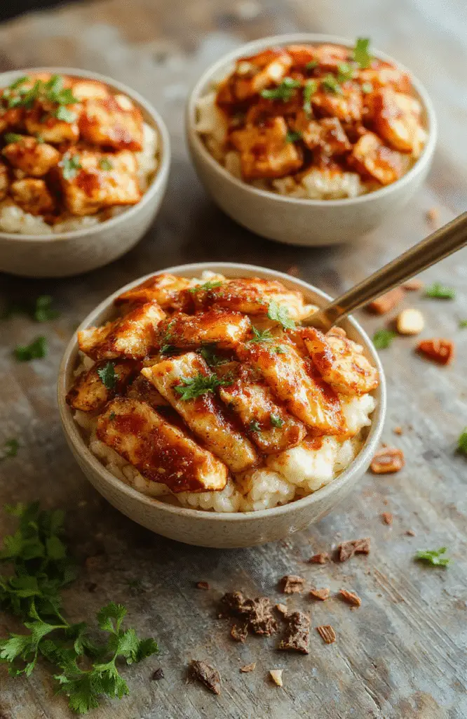 Vibrant honey chipotle chicken served over fluffy rice with colorful garnishes, glossy sauce, and smoky spices, styled on a white plate with fresh herbs