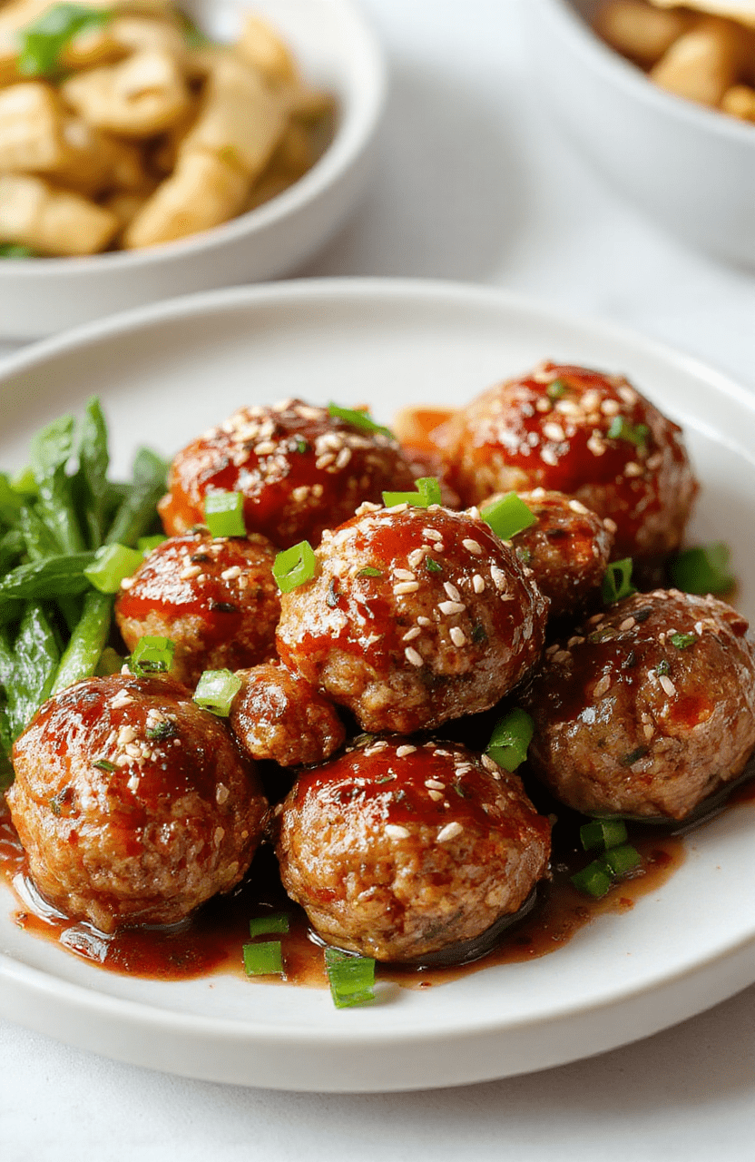 A vibrant plate of sweet and spicy Asian turkey meatballs glazed with a shiny sauce, garnished with chopped green onions and sesame seeds, served on a modern white dish with a colorful background, highlighting the glossy texture and flavorful toppings.