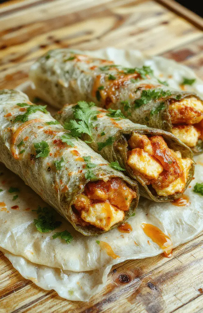 A colorful plate featuring Thai peanut chicken wraps filled with sliced chicken, fresh vegetables, and drizzled with peanut sauce. The wraps are neatly arranged on a white ceramic plate, garnished with chopped peanuts and cilantro, with a backdrop of wooden table and scattered ingredients, showcasing textures of crispy wraps and creamy sauce.