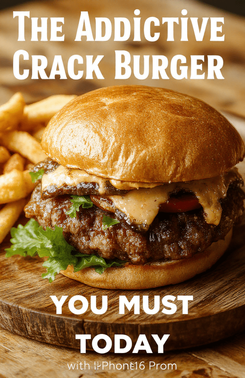A close-up of a freshly prepared crack burger on a rustic wooden plate, showcasing a juicy beef patty melted with cheese, crispy bacon, and vibrant toppings like lettuce, tomato, and onions, with a toasted bun. The textures are crispy and gooey, with fresh ingredients visually appealing and inviting.
