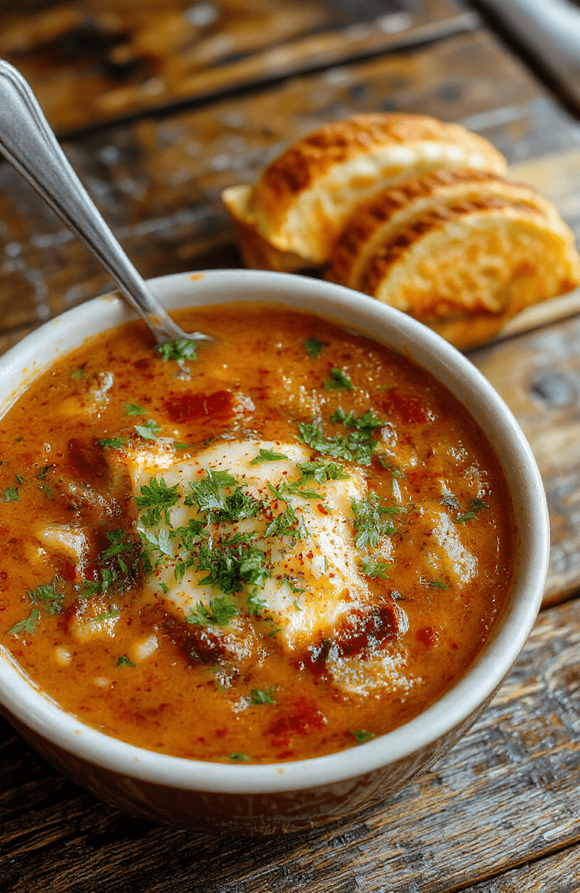 A steaming bowl of cheeseburger soup garnished with chopped parsley, melted cheese on top, served with a side of bread, showcasing chunks of beef, potatoes, and corn in a creamy broth, styled simply with a rustic wooden background and soft natural lighting.