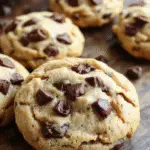 A close-up of freshly baked chewy chocolate chip cookies arranged on a rustic wooden surface, showcasing golden edges and melty chocolate chips, with a slightly cracked texture and a soft, inviting interior visible.