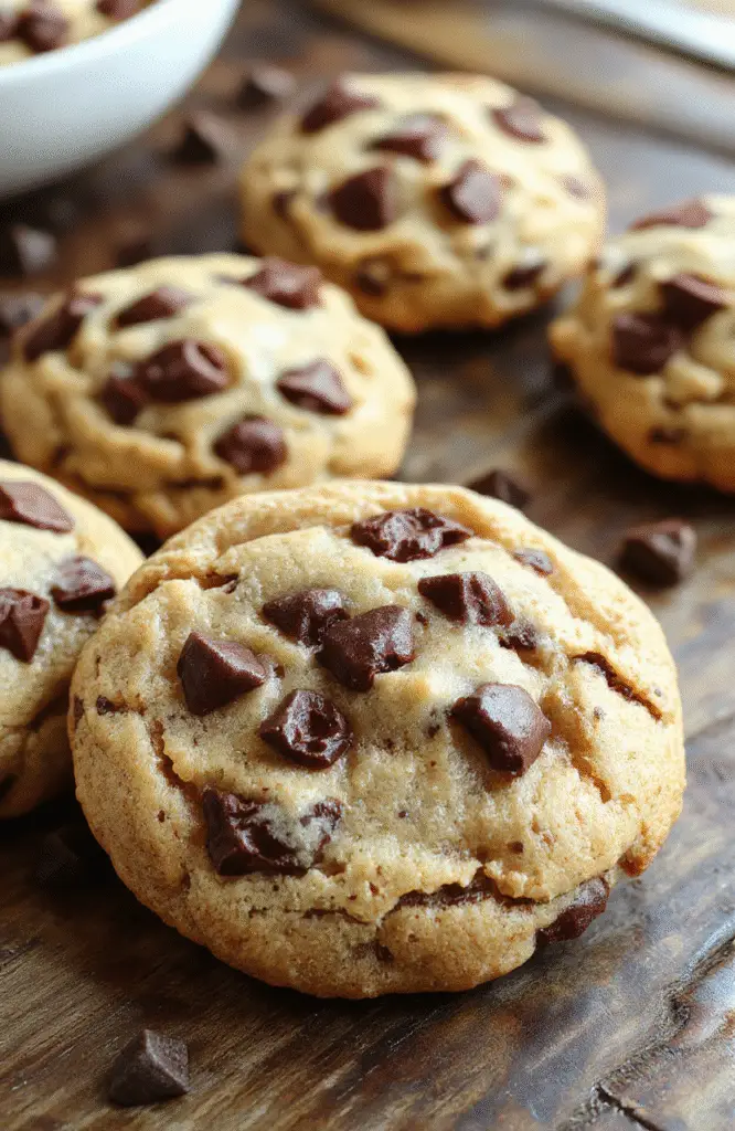 A close-up of freshly baked chewy chocolate chip cookies arranged on a rustic wooden surface, showcasing golden edges and melty chocolate chips, with a slightly cracked texture and a soft, inviting interior visible.