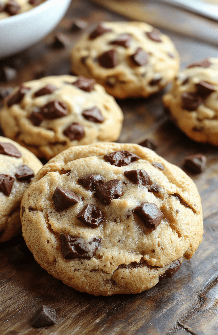 A close-up of freshly baked chewy chocolate chip cookies arranged on a rustic wooden surface, showcasing golden edges and melty chocolate chips, with a slightly cracked texture and a soft, inviting interior visible.