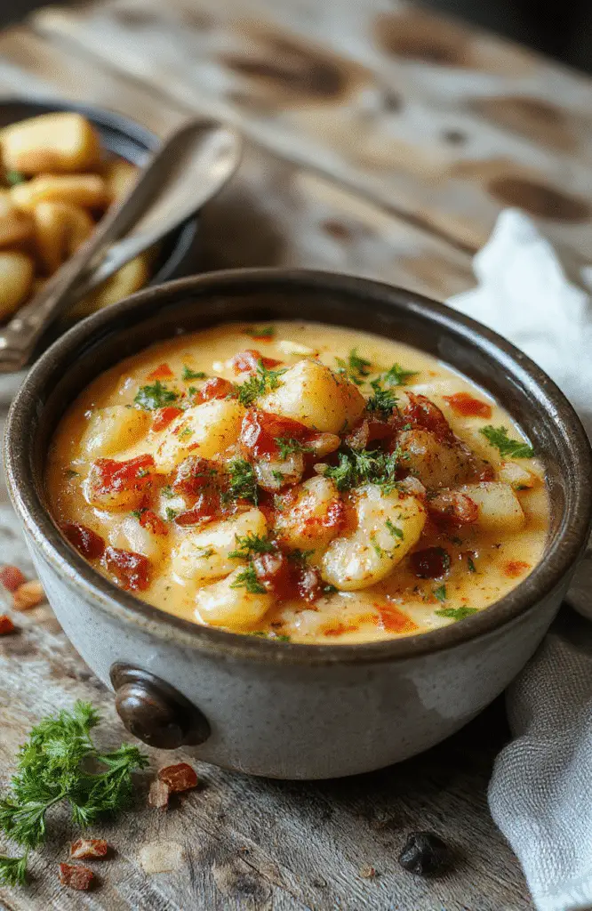 A bowl of creamy loaded crockpot potato soup topped with shredded cheese, bacon bits, green onions, and sour cream, garnished with fresh herbs, served on a rustic wooden table with a spoon, vibrant and inviting