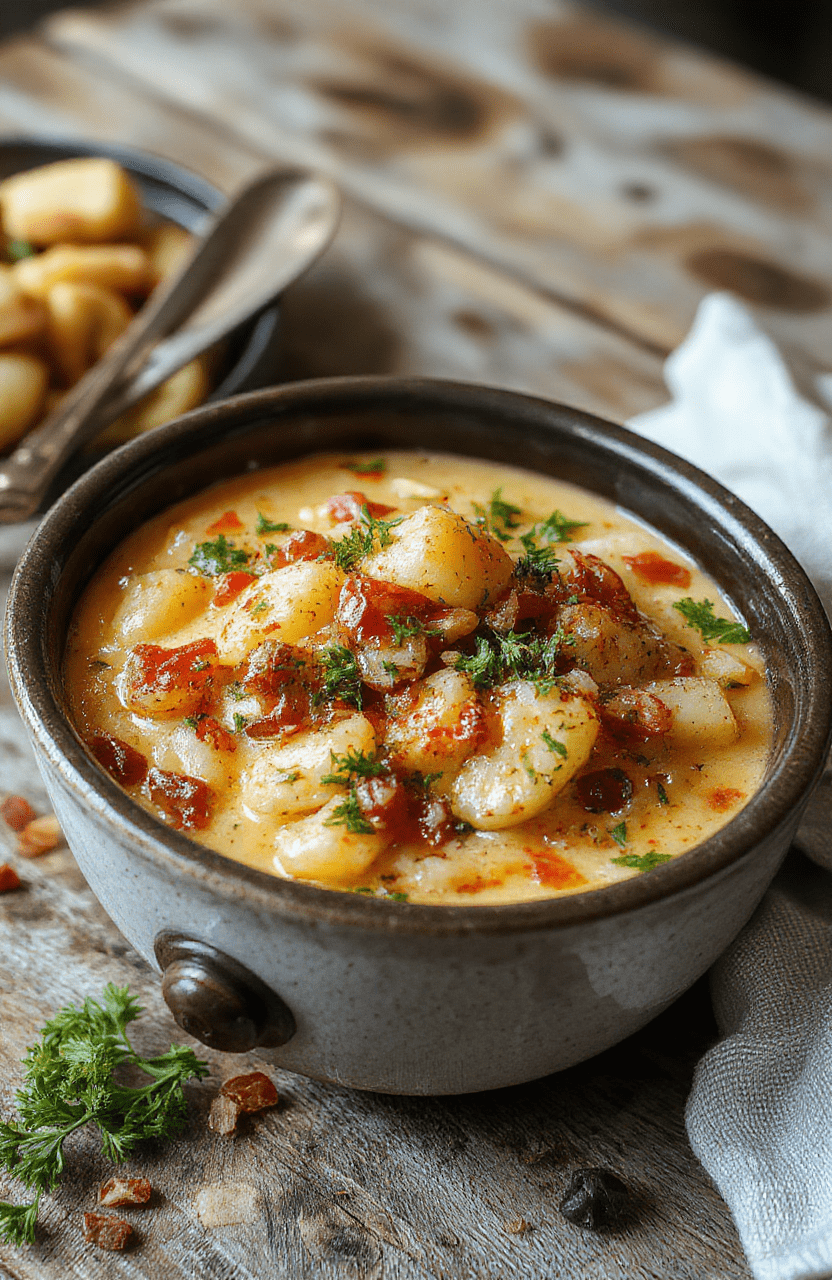 A bowl of creamy loaded crockpot potato soup topped with shredded cheese, bacon bits, green onions, and sour cream, garnished with fresh herbs, served on a rustic wooden table with a spoon, vibrant and inviting
