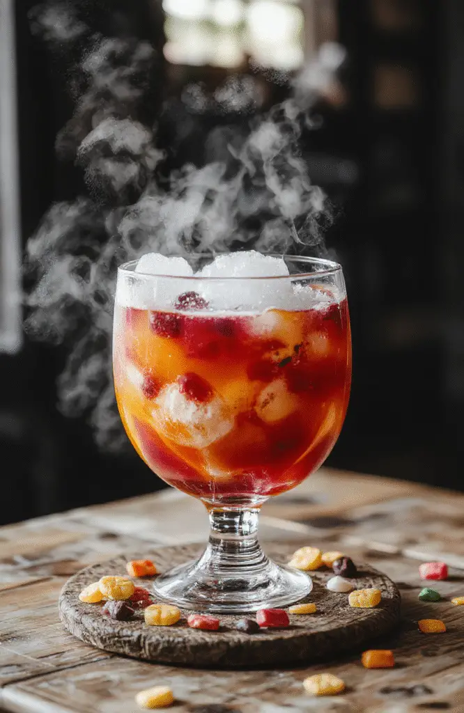 A vibrant Halloween-themed punch in a clear glass bowl, with swirling orange and purple liquids, garnished with dry ice fog and spooky candy decorations, set on a rustic wooden table with black and orange accents