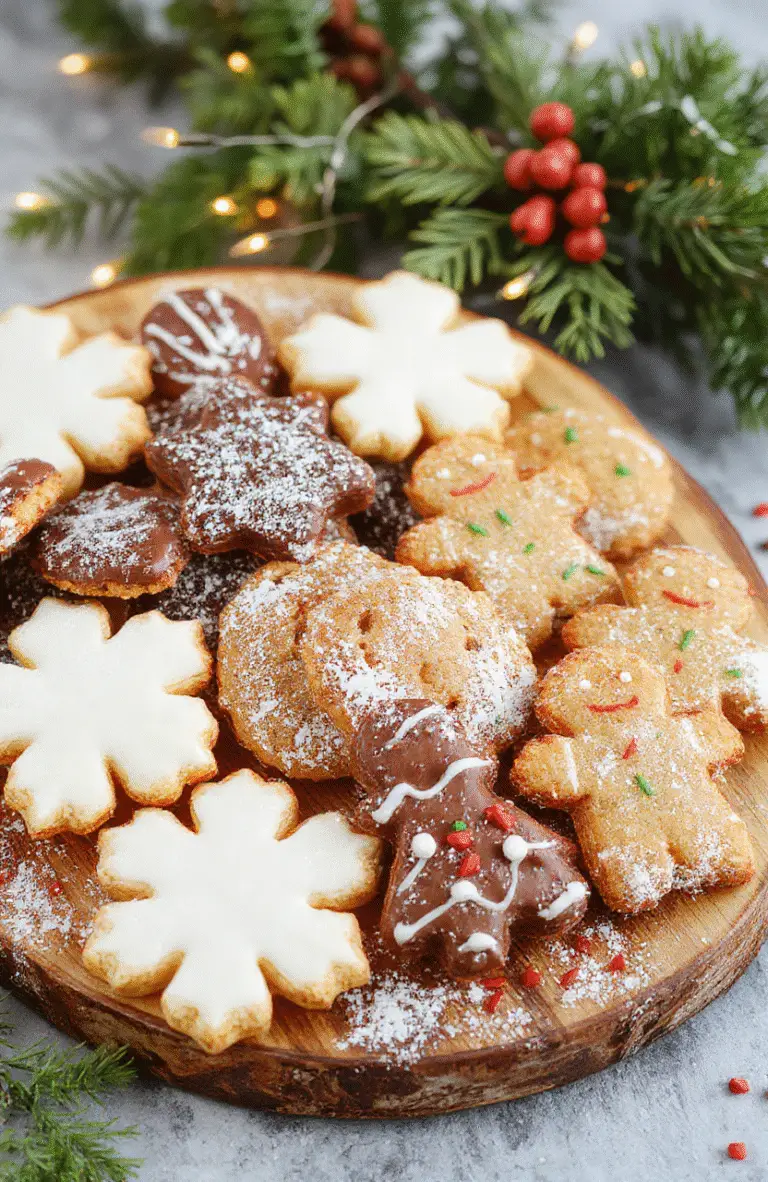 A colorful assortment of holiday cookies arranged on a rustic wooden platter, featuring snowflake-shaped sugar cookies, chocolate-dipped biscotti, and decorated gingerbread men, all with a snowy white powdered sugar dusting, styled with holiday greenery and twinkling fairy lights in the background.