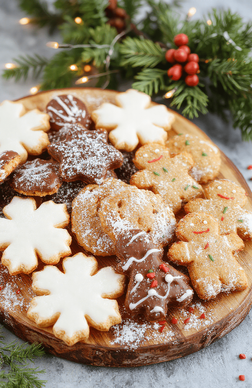 A colorful assortment of holiday cookies arranged on a rustic wooden platter, featuring snowflake-shaped sugar cookies, chocolate-dipped biscotti, and decorated gingerbread men, all with a snowy white powdered sugar dusting, styled with holiday greenery and twinkling fairy lights in the background.