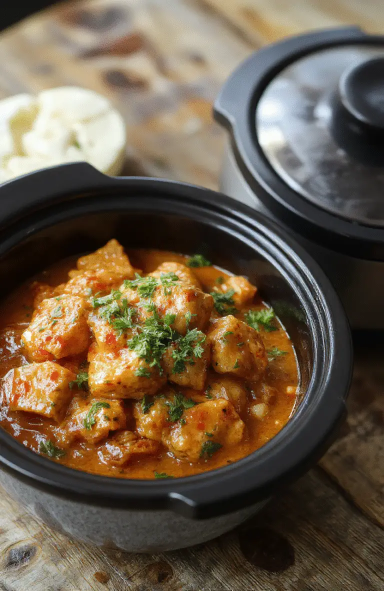A vibrant bowl of creamy butter chicken with a rich orange sauce, garnished with fresh cilantro, served on a white plate with naan bread and steamed rice, styled with a rustic wooden background, showcasing textures and colors that highlight the flavorful dish.