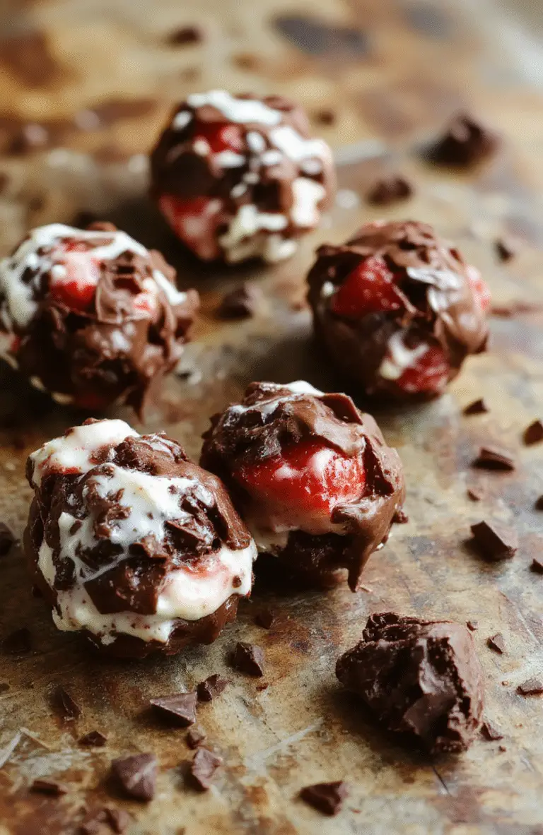 Colorful chocolate and strawberry yogurt clusters arranged on a white plate, showcasing smooth, creamy textures with vibrant red strawberries and glossy chocolate coating, styled casually on a rustic wooden surface with blurred background for a natural, inviting look.